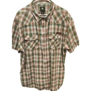 John Deere Pearl Snap Button Shirt XL Plaid Green Brown Western
